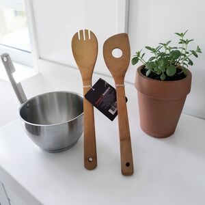 10/ $10 Bamboo Kitchen Utensil Set - Natural Wooden Spoon & Slotted Spatula